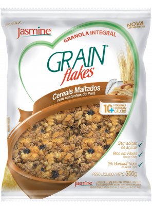 GRANOLA_cereais maltados.png - Grain Flakes Cereais MaltadosAdicionado de 10 vitaminas, minerais e cálcioSem adição de açúcarRico em fibrasAlto teor de proteínas Ingredientes: Flocos de aveia, flocos de milho, extrato de malte, germe e fibra de trigo, óleo de milho, uva passa, flocos de arroz, castanha do Pará, coco ralado, gergelim e mix de vitaminas e minerais (cálcio, vitaminas C, B3, E, zinco, vitaminas B2, B6, B1, B5, A e D). CONTÉM GLÚTEN.Disponível nas versões: 300g e 850g. 